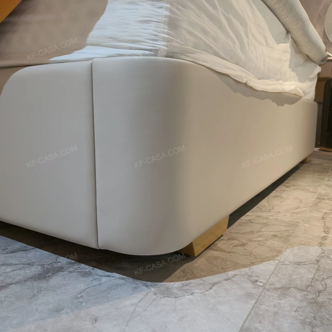 Light Beige Upholstered Bed with Vertical-Striped Headboard, Natural Wood Veneer Trim & Gold Stainless Steel Feet